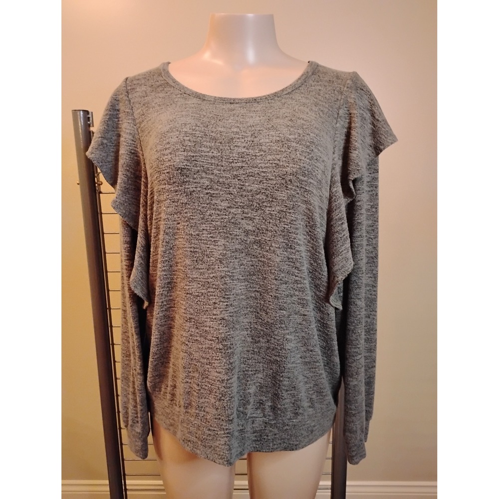 Bobeau Gray Heathered Ruffle Trim Long Sleeve Knit Top XL